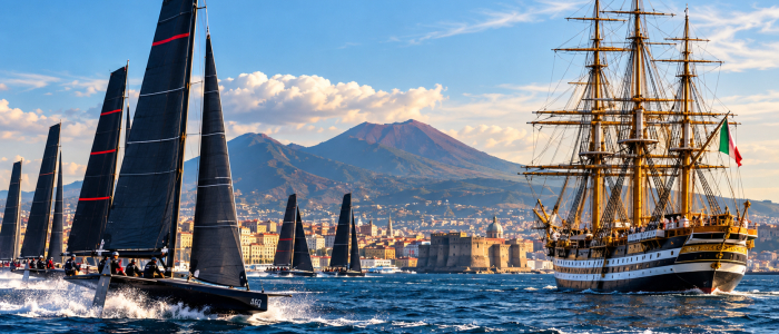 AMERICA&rsquo;S CUP, NAPOLI CAPITALE DEL MARE: IL TROFEO SALE A BORDO DELL&rsquo;AMERIGO VESPUCCI